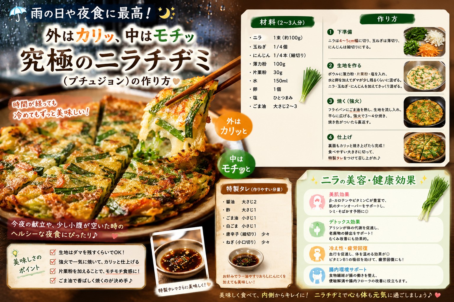 究極のニラチヂミ、抗酸化作用で若々しさをキープ、免疫力アップと疲労回復